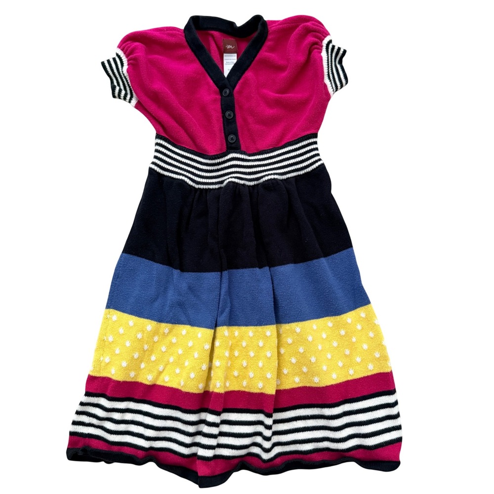 Tea Collection Sweater Dress Kids Size 7 Multicolor Striped Polka Dot Knit